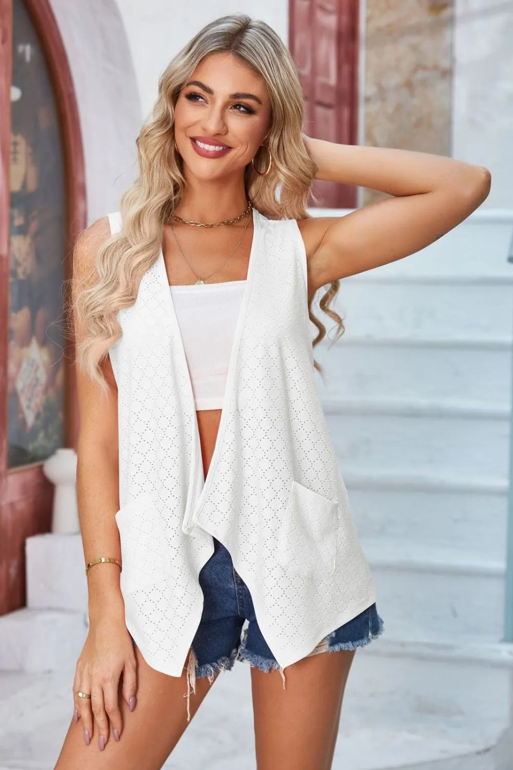 Eyelet Open Front Sleeveless Cardigan - Lilixa.store