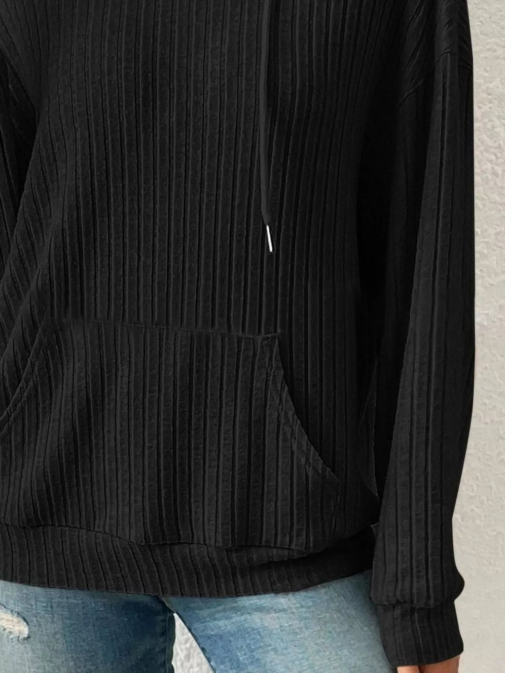 Ribbed Knit Long Sleeve Drawstring Hoodie - Lilixa.store
