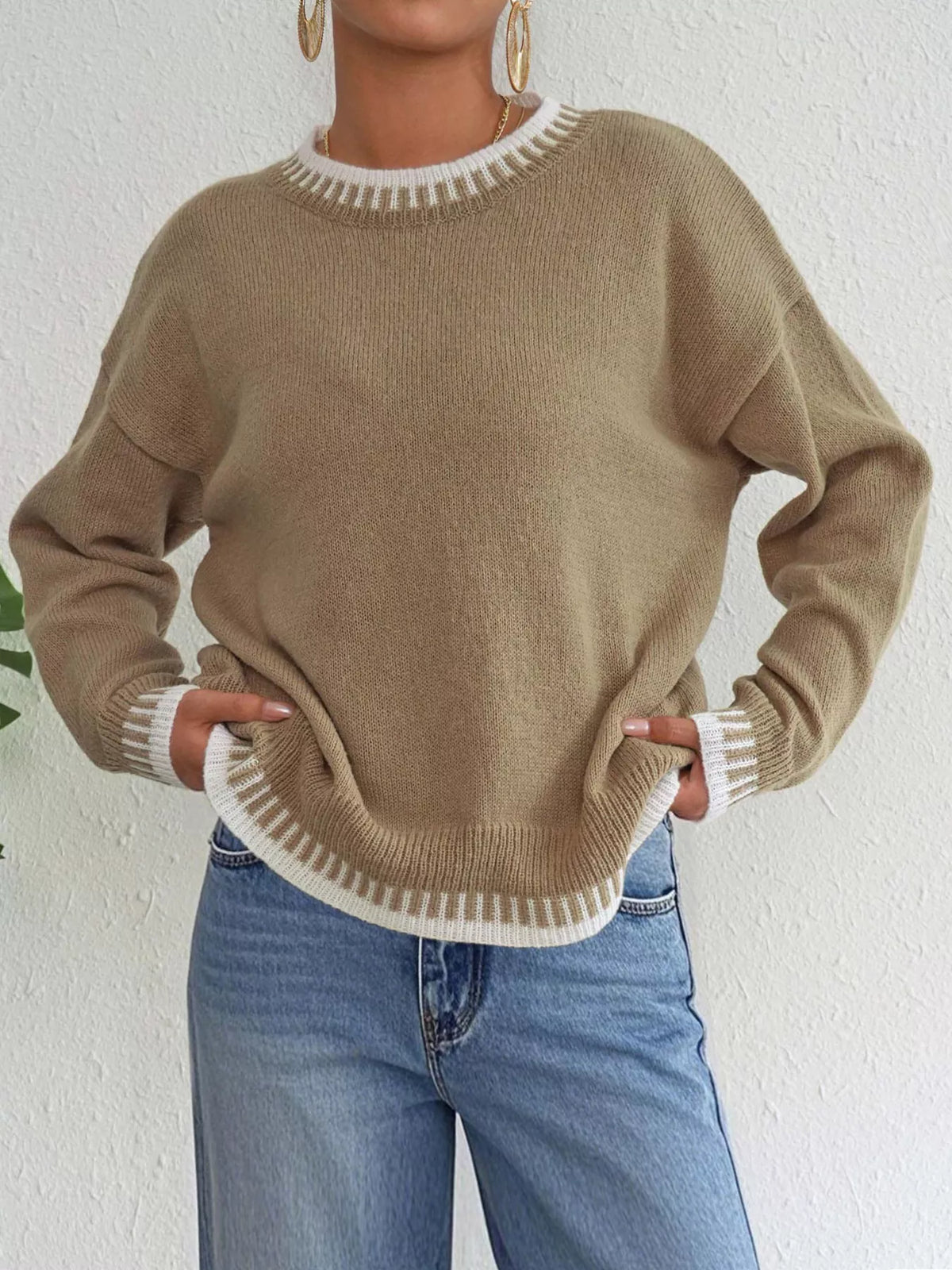 Contrast Trim Crew Neck Drop Shoulder Sweater - Lilixa.store
