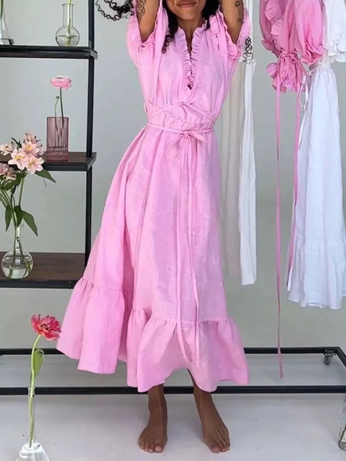 Full Size Puff Sleeve Ruffle Trim Maxi Dress Plus Size, view 6