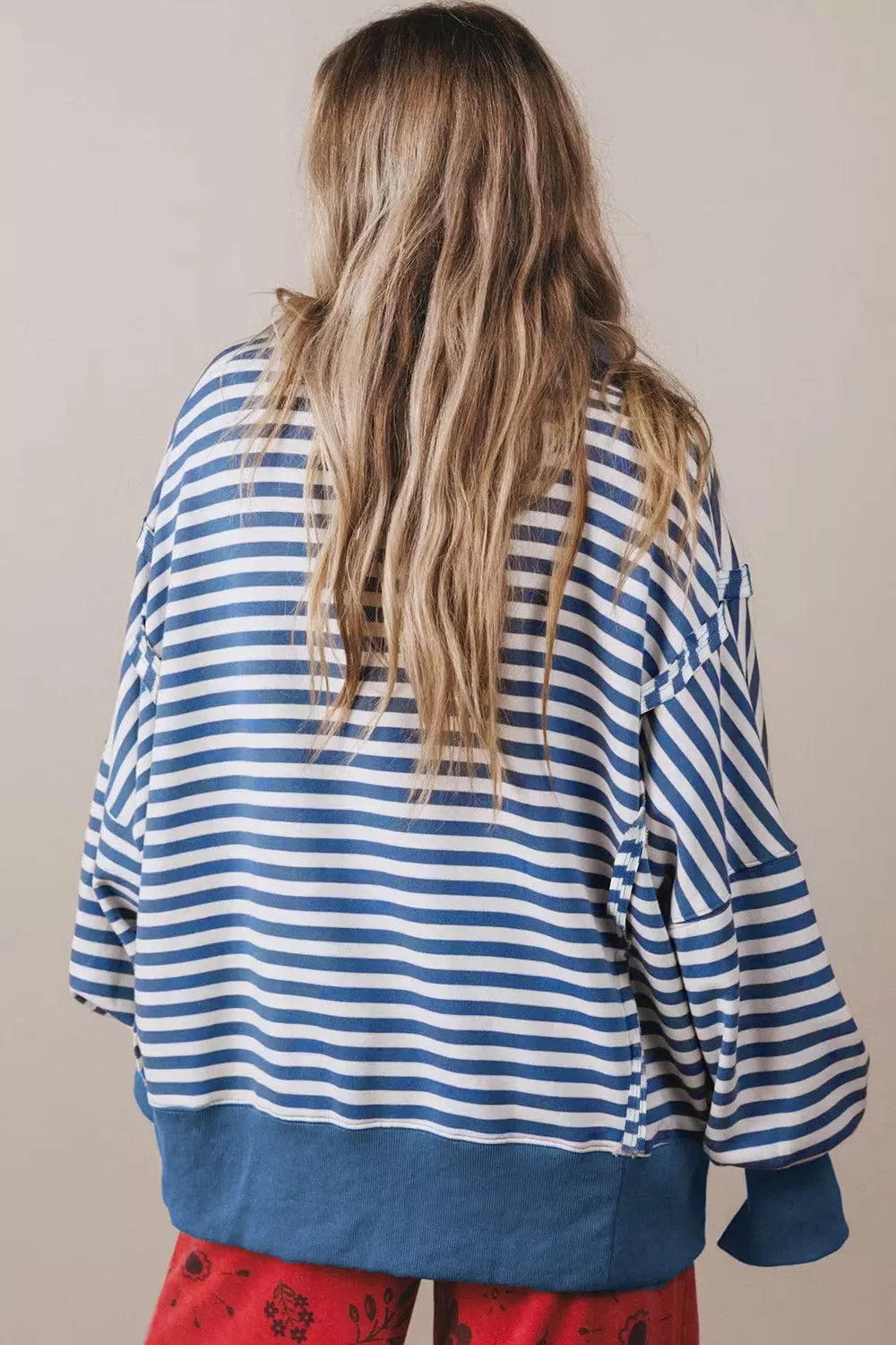 Stripe Color Block Trim Raw Seam Split Hem Loose Sweatshirt - Lilixa.store