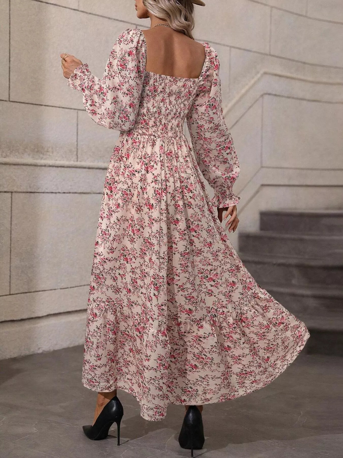 Floral Print Square Neck Smocked Midi Dress - Lilixa.store