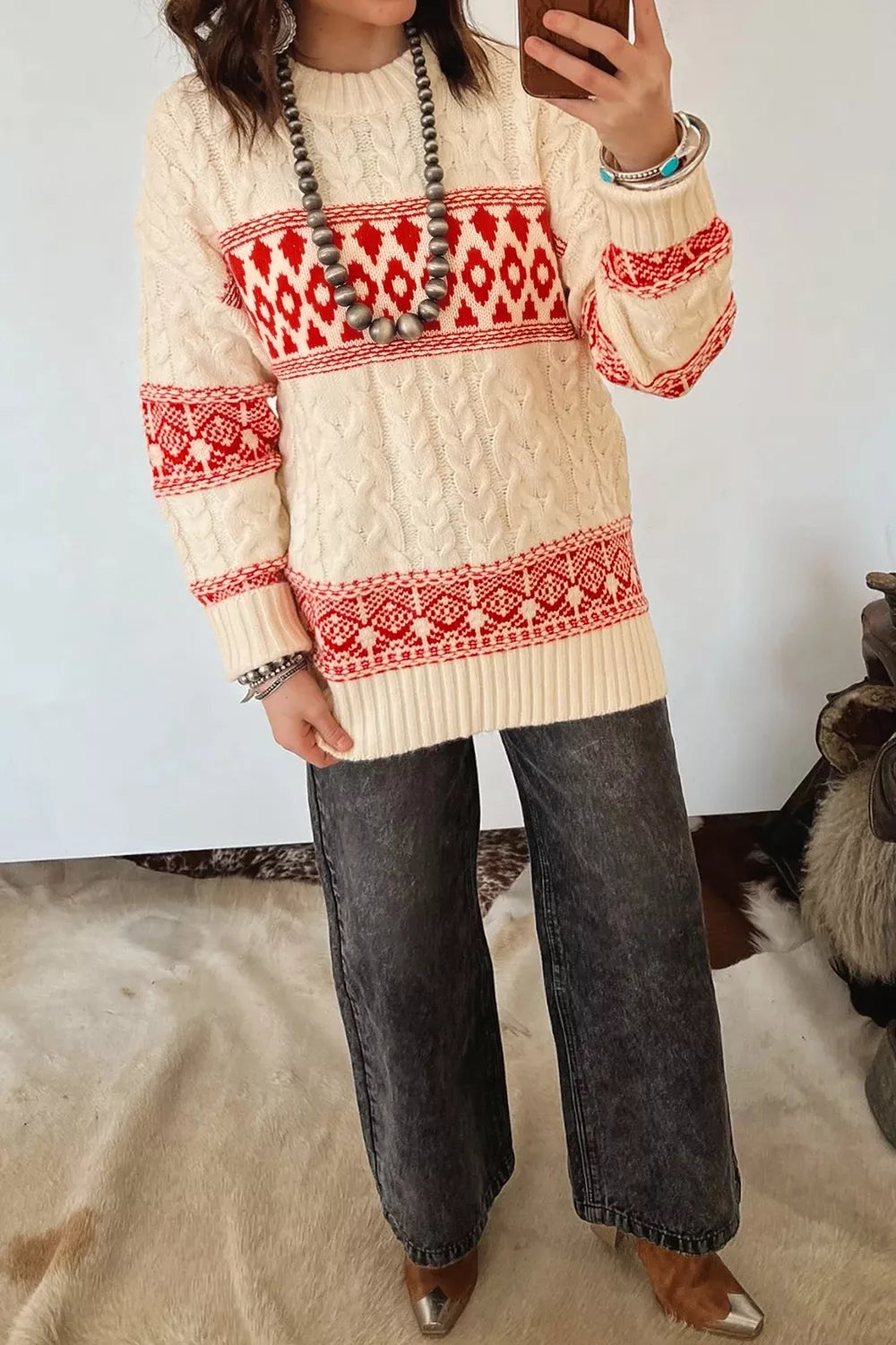 Western Print Round Neck Long Sleeve Shift Sweater in Deep Red, view 2