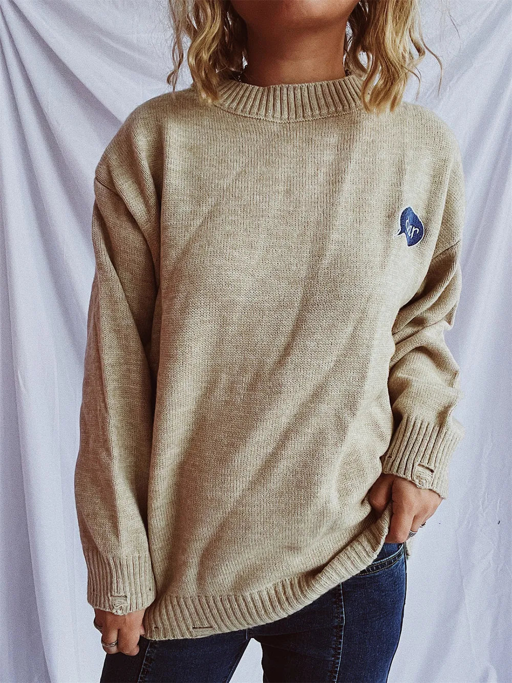 Embroidered Round Neck Dropped Shoulder Sweater - Lilixa.store