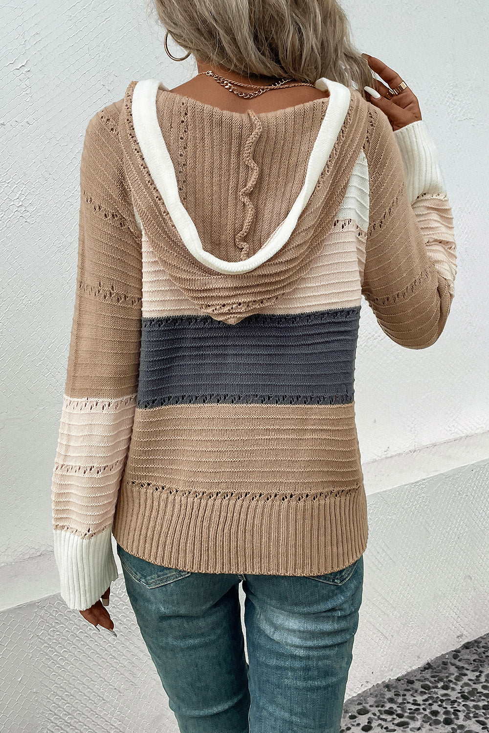 Perfee Color Block Drawstring Hooded Sweater in Khaki, view 2