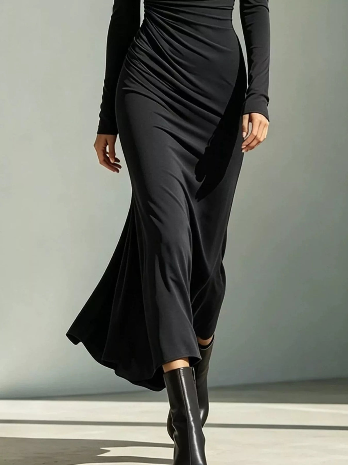 Asymmetrical Neck Ruched Long-Sleeve Dress