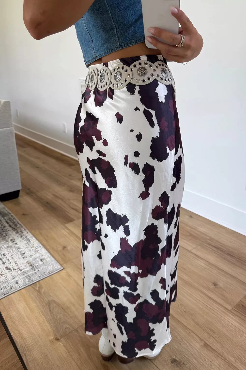 Abstract Print Western Long Metal Zip-Up Waist Daily Wear Skirt in Coffee Brown, view 4