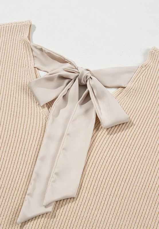 Tied Back V-Neck Long Sleeve Sweater - Lilixa.store