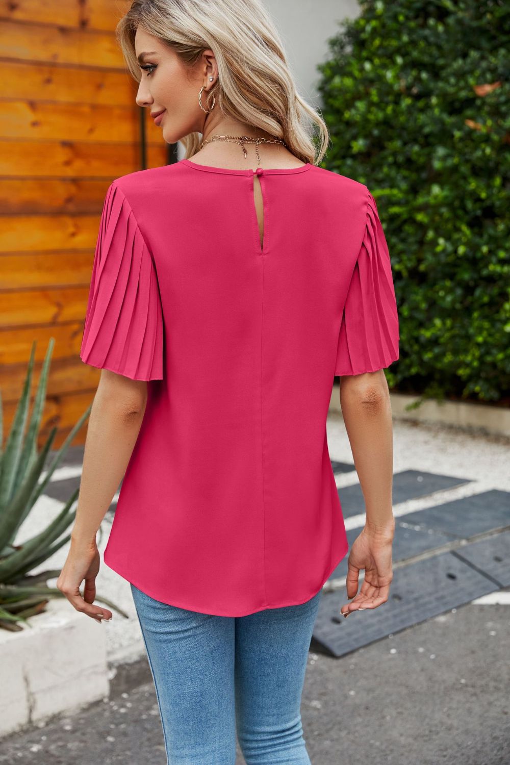 Pleated Flutter Sleeve Round Neck Blouse - Lilixa.store