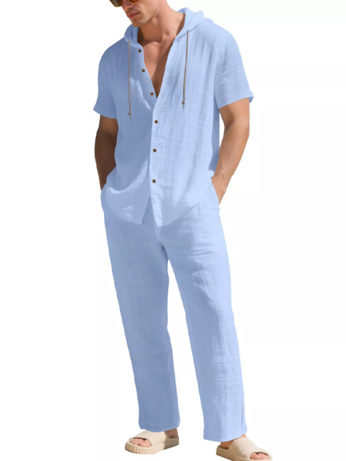 Men's Full Size Button Up Hooded Top and Pants Set Plus Size - Lilixa.store