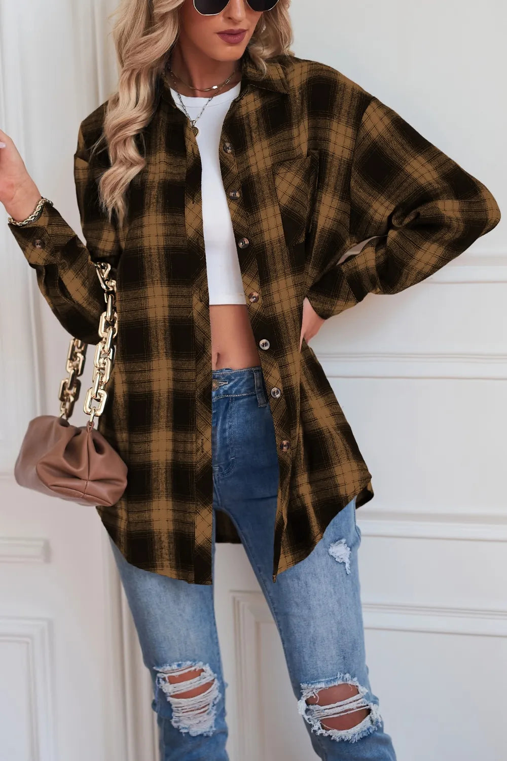 Plaid Button Up Dropped Shoulder Outerwear - Lilixa.store