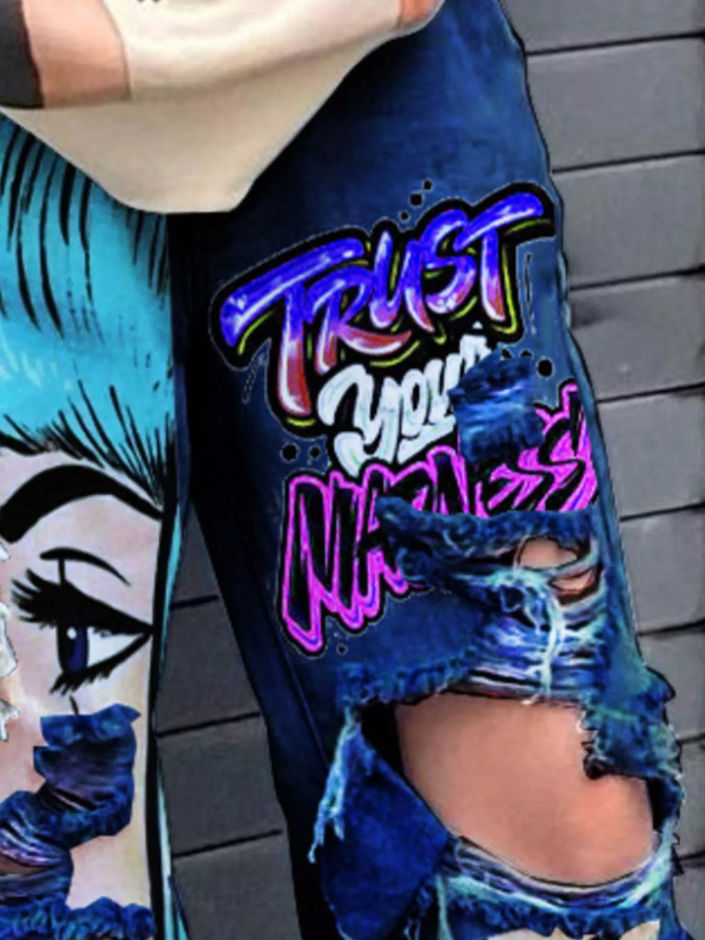 Full Size Pop Art Graphic Distressed Wide-Leg Jeans Plus Size - Lilixa.store