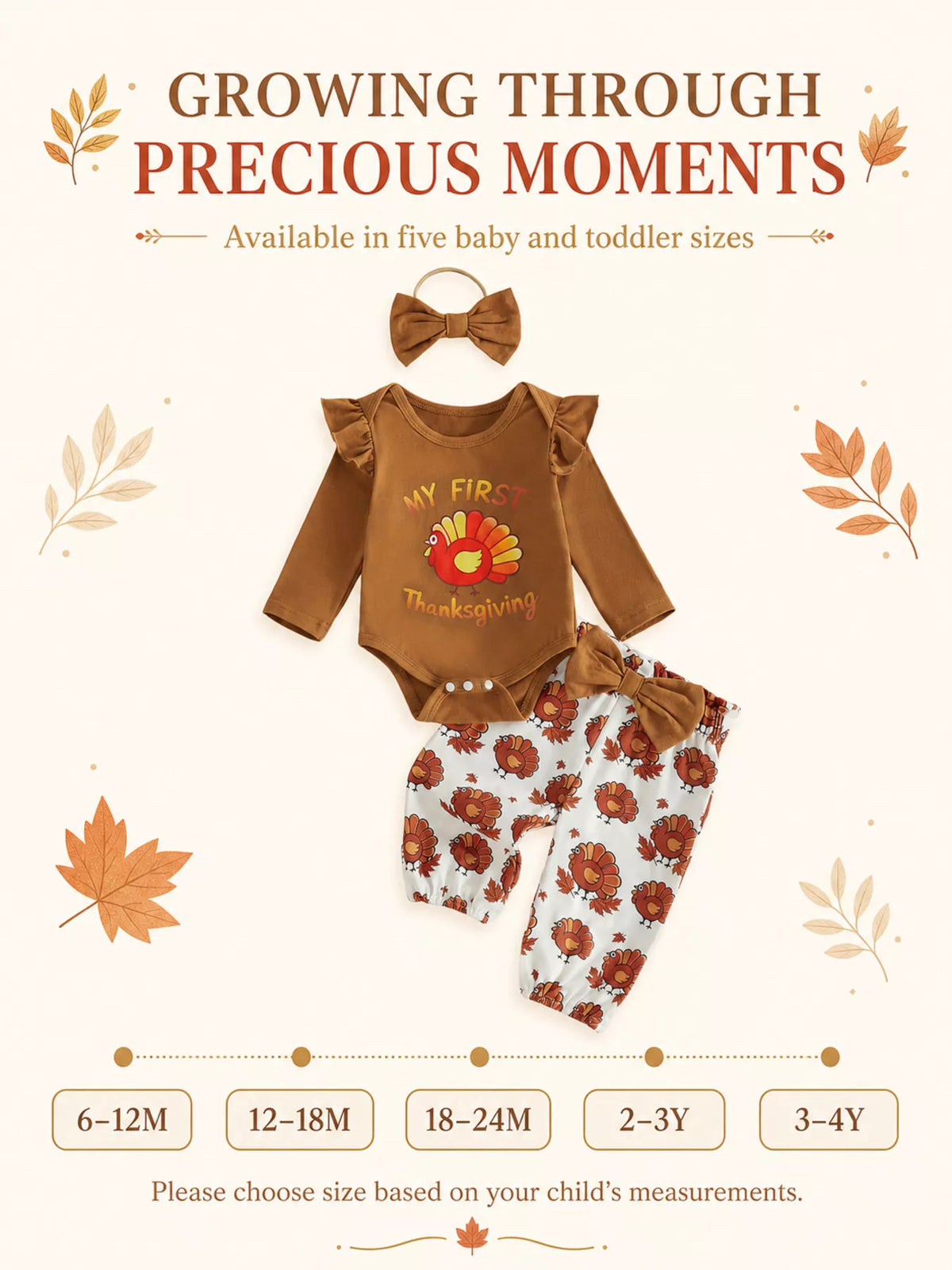 Children's 'My First Thanksgiving' Ruffle Bodysuit and Turkey Print Pants Set with Headband