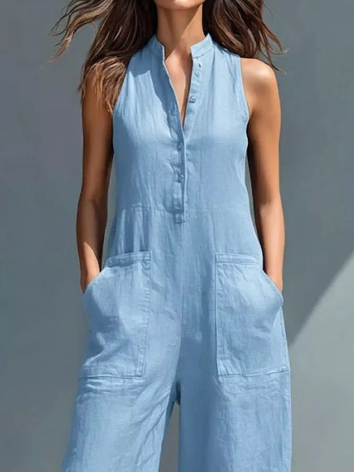 Full Size Button Front Sleeveless Jumpsuit Plus Size - Lilixa.store