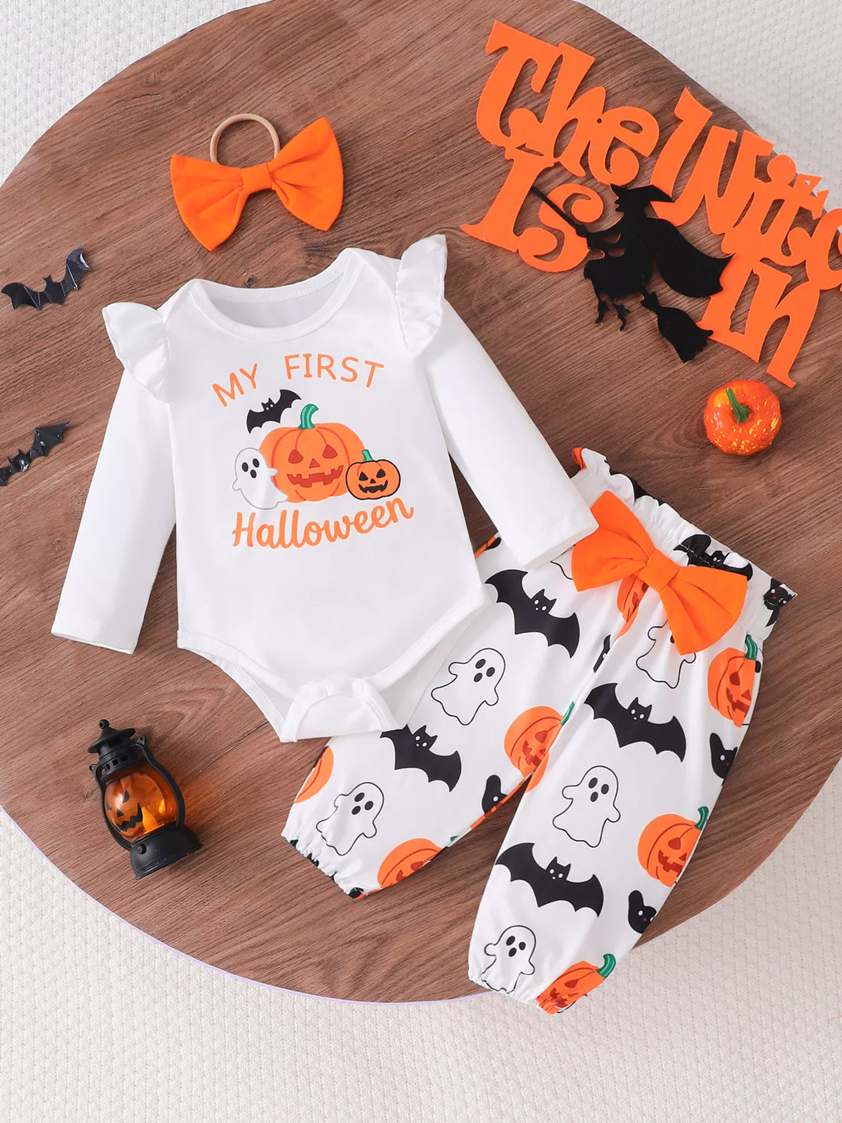 Children's Halloween Skull Print Long Sleeve Bodysuit and Pants Set with Bow Headband - Lilixa.store
