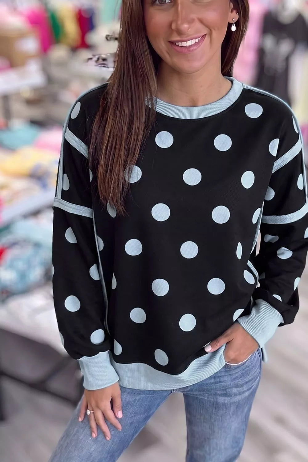 Polka Dot Crew Neck Sweatshirt - Lilixa.store