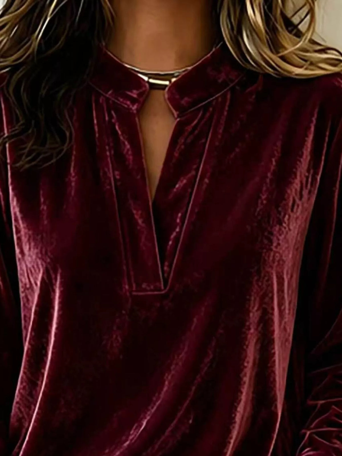 Full Size Velvet Notched Long Sleeve Blouse Plus Size, view 5