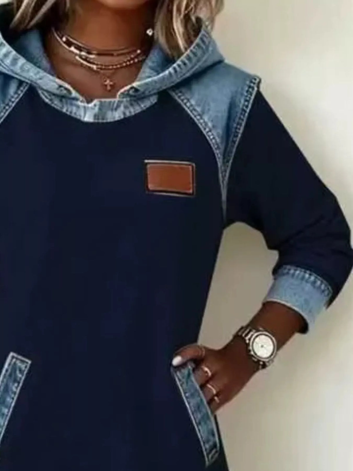 Full Size Denim Patchwork Hooded Sweatshirt Dress Plus Size - Lilixa.store