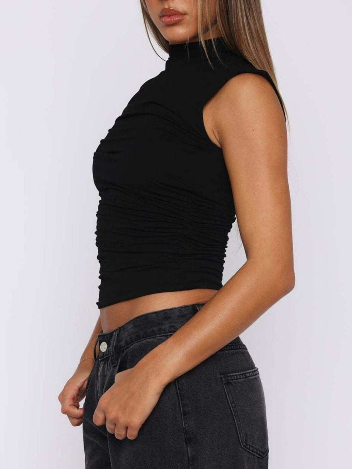 Ruched Mock Neck Sleeveless Tank Top - Lilixa.store