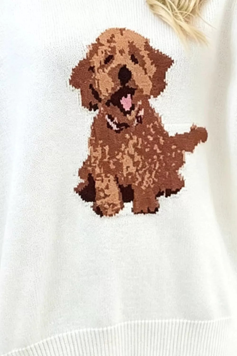 Puppy Graphic Round Neck Sweater in White, view 3