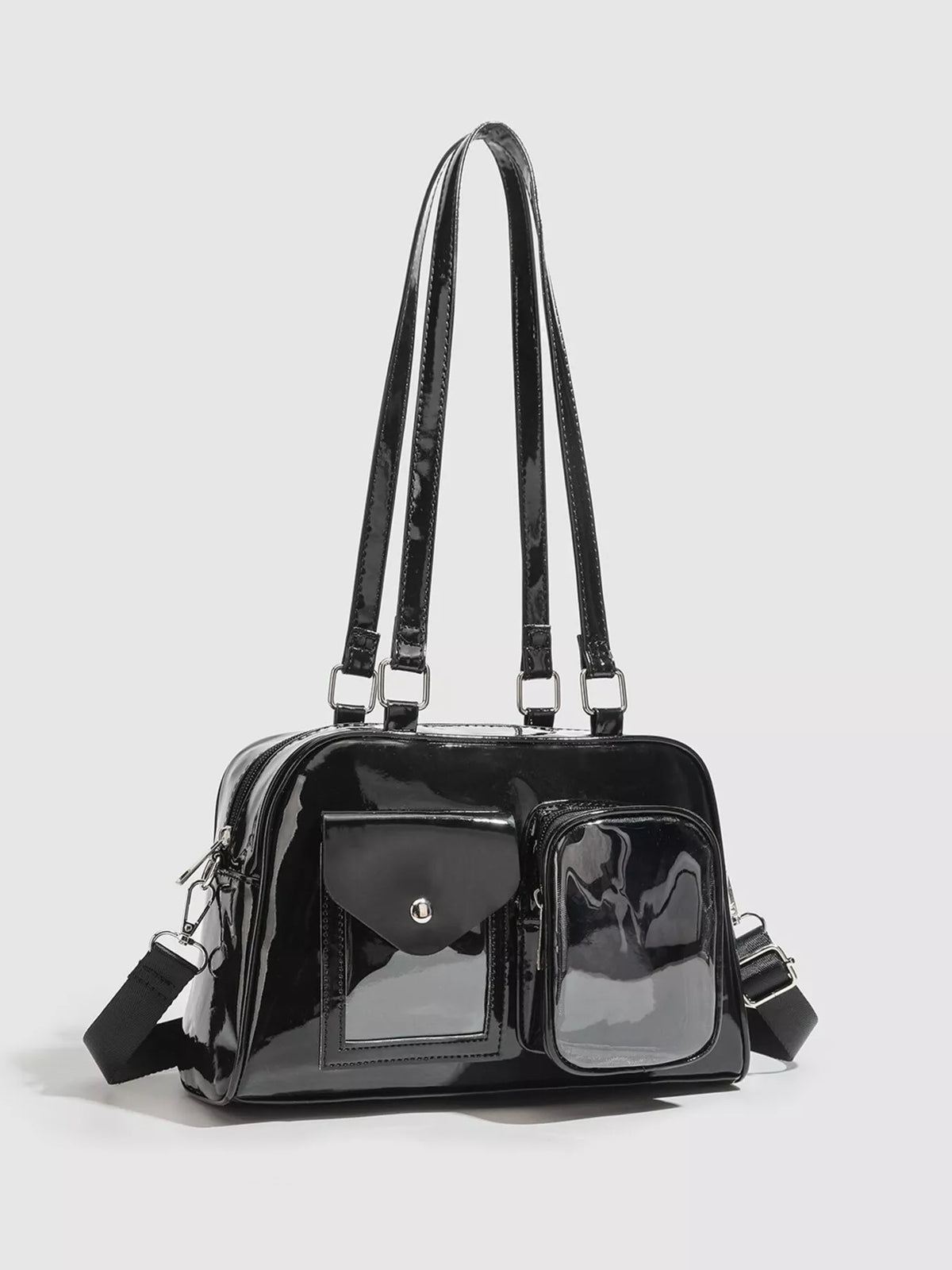 Glossy Patent Leather Multi-Pocket Shoulder Bag in Black, view 2