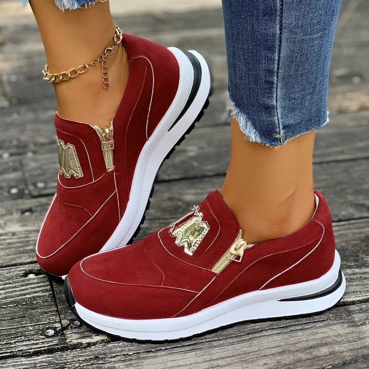 Round Toe Platform Slip-Ons in Red