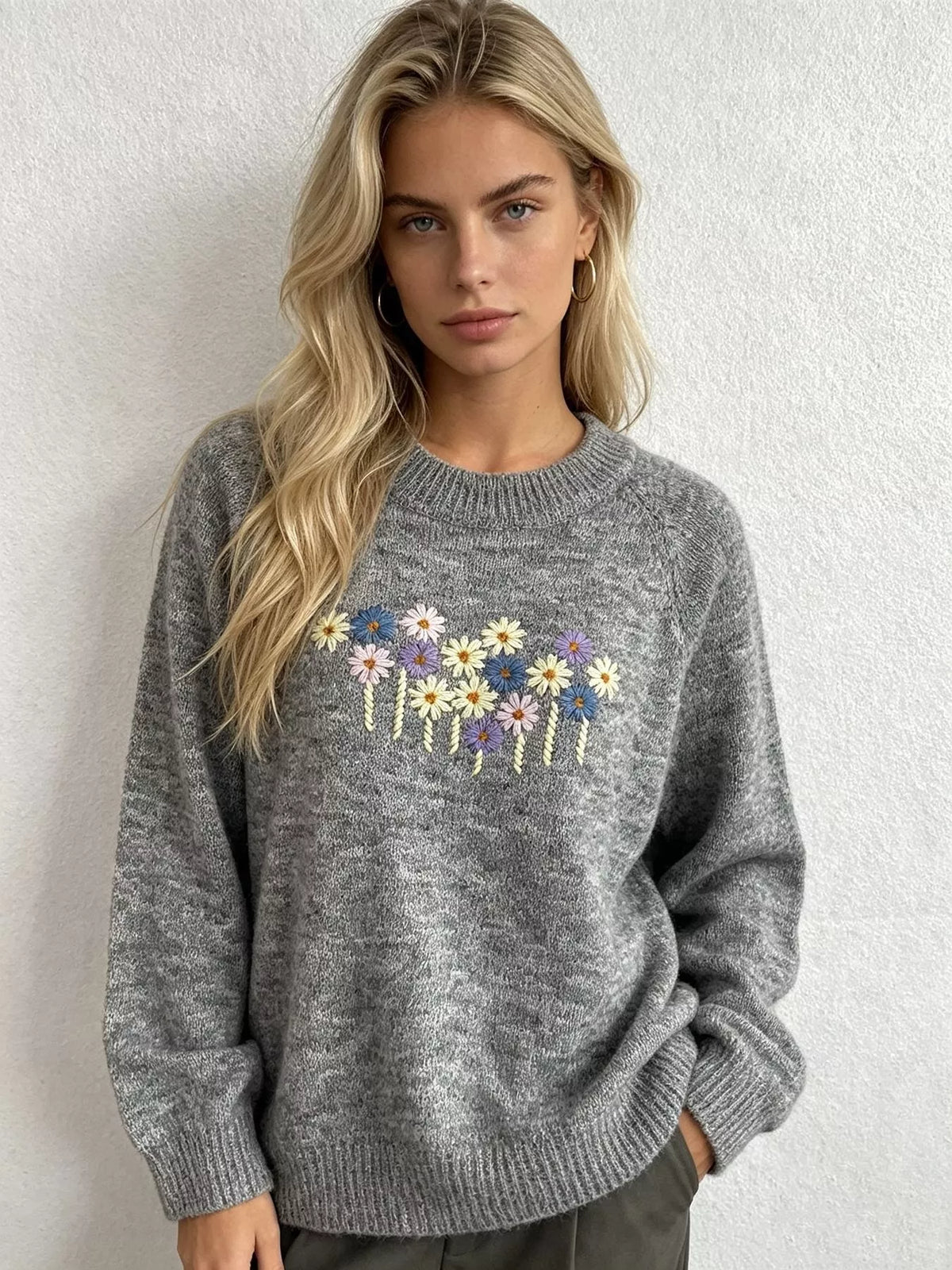 Floral Embroidered Round Neck Sweater, view 14