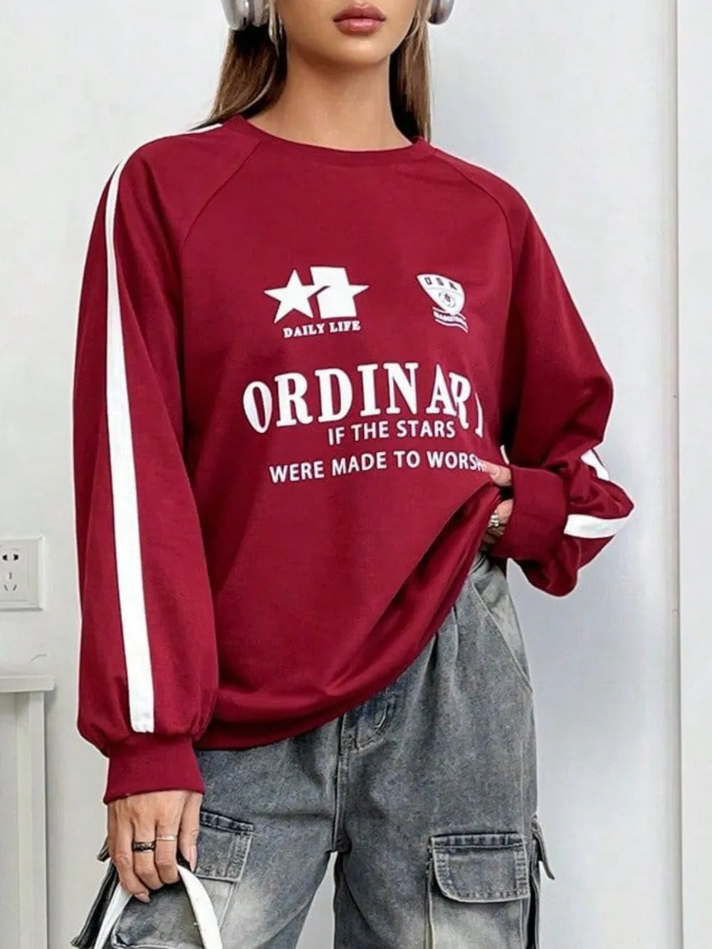 Letter Graphic Round Neck Long Sleeve Sweatshirt - Lilixa.store