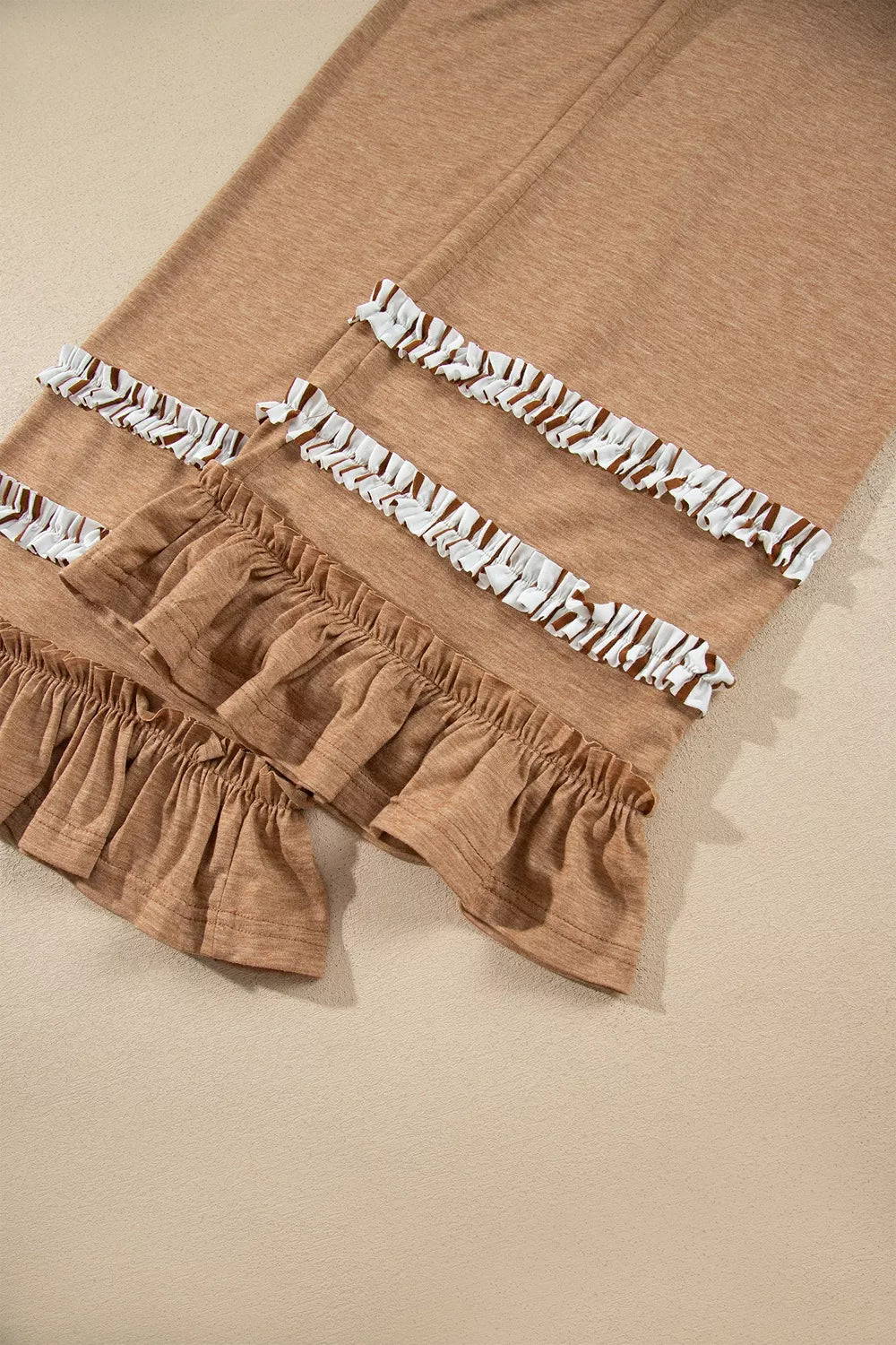 Stripe V Neck Ruffle Contrast Sleeve Top Drawstring Pants 2pcs Set - Lilixa.store