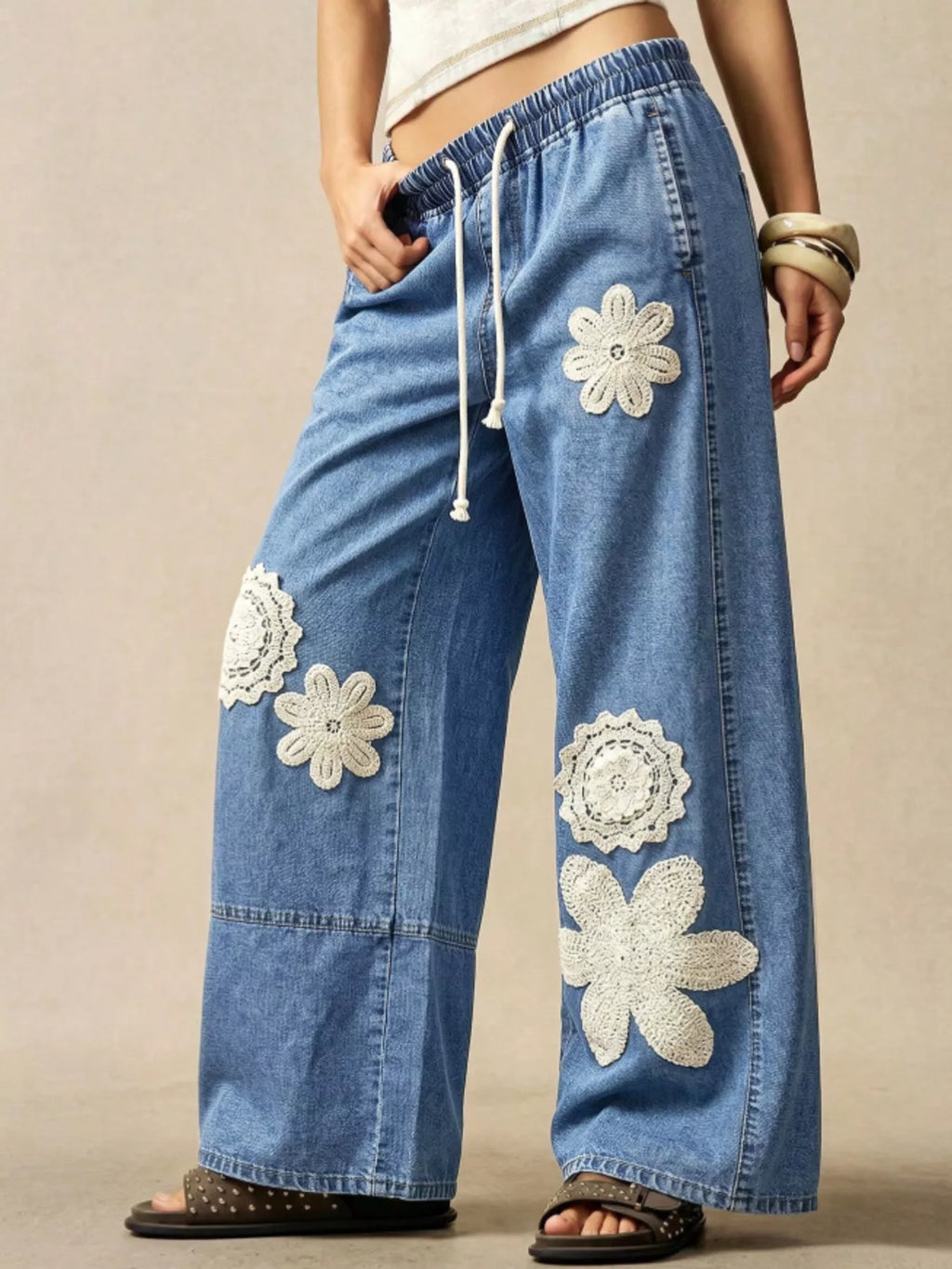 Wide-Leg Drawstring Jeans - Lilixa.store