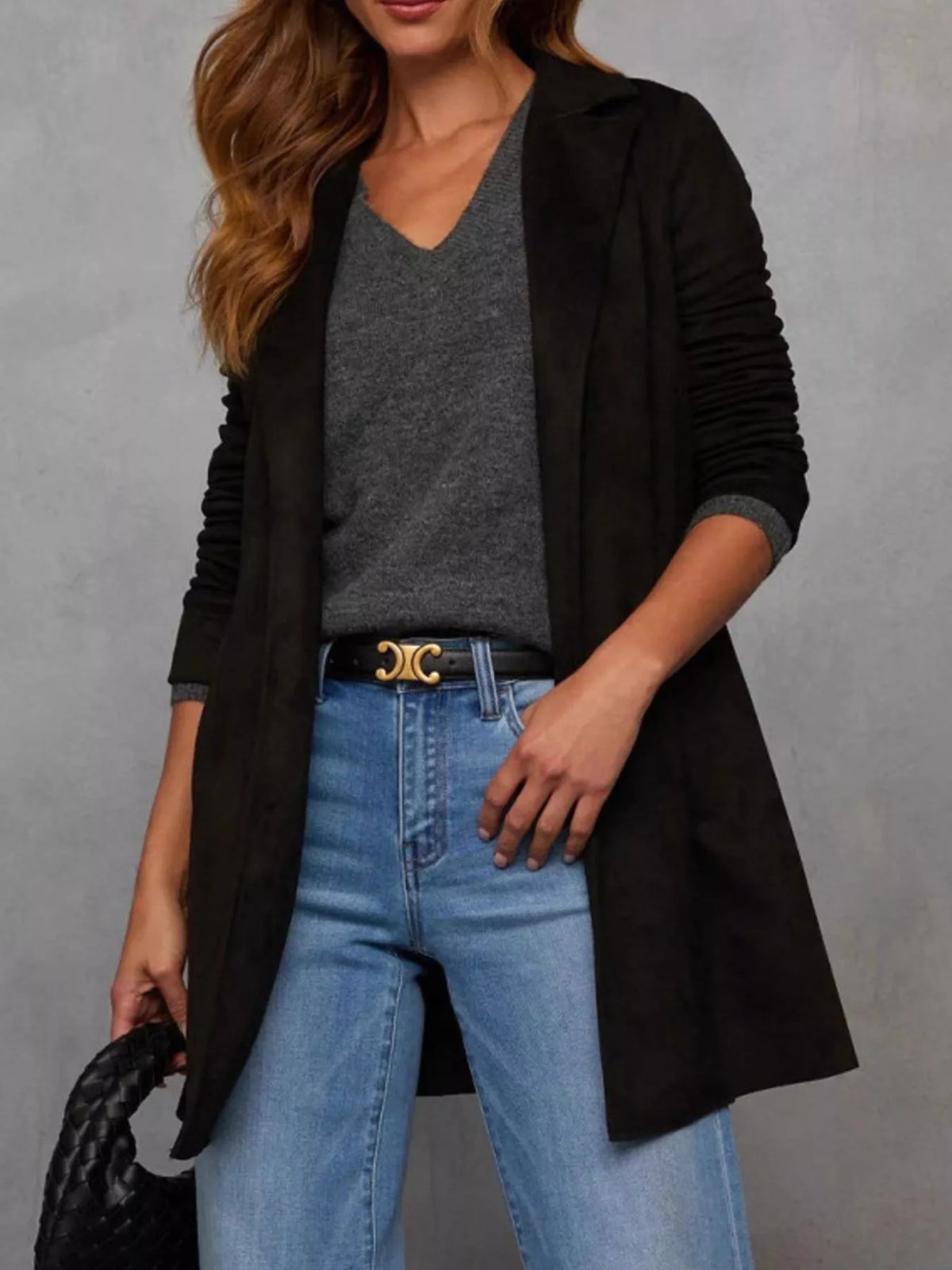 Full Size Open Front Longline Outerwear Plus Size in Black