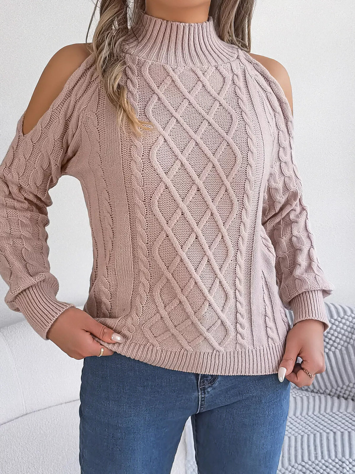 Cold-Shoulder Cable Knit Sweater in Dusty Pink