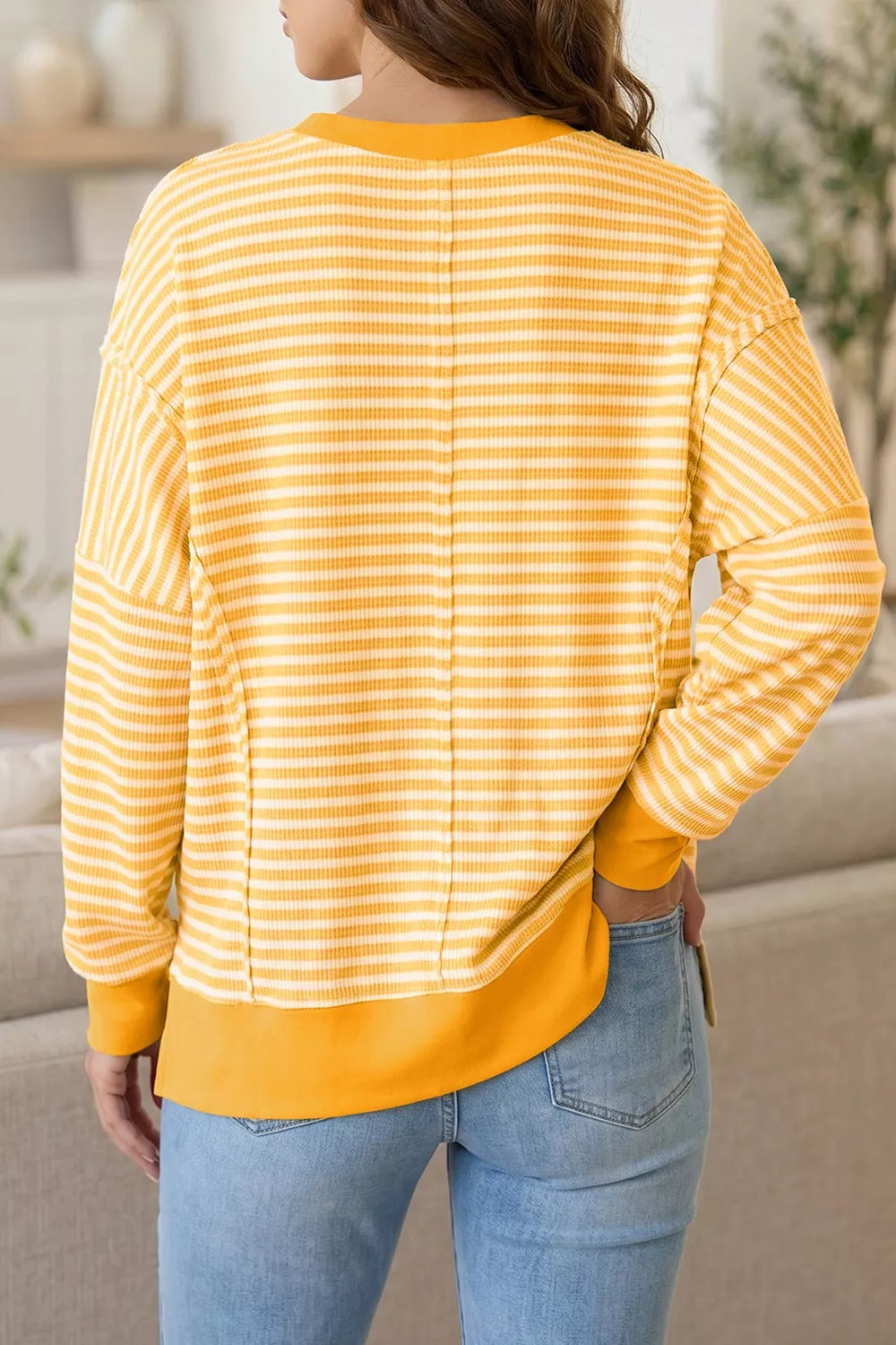 Stripe Boo Sequin Ghost Halloween Split Hem Long Sleeve Top - Lilixa.store