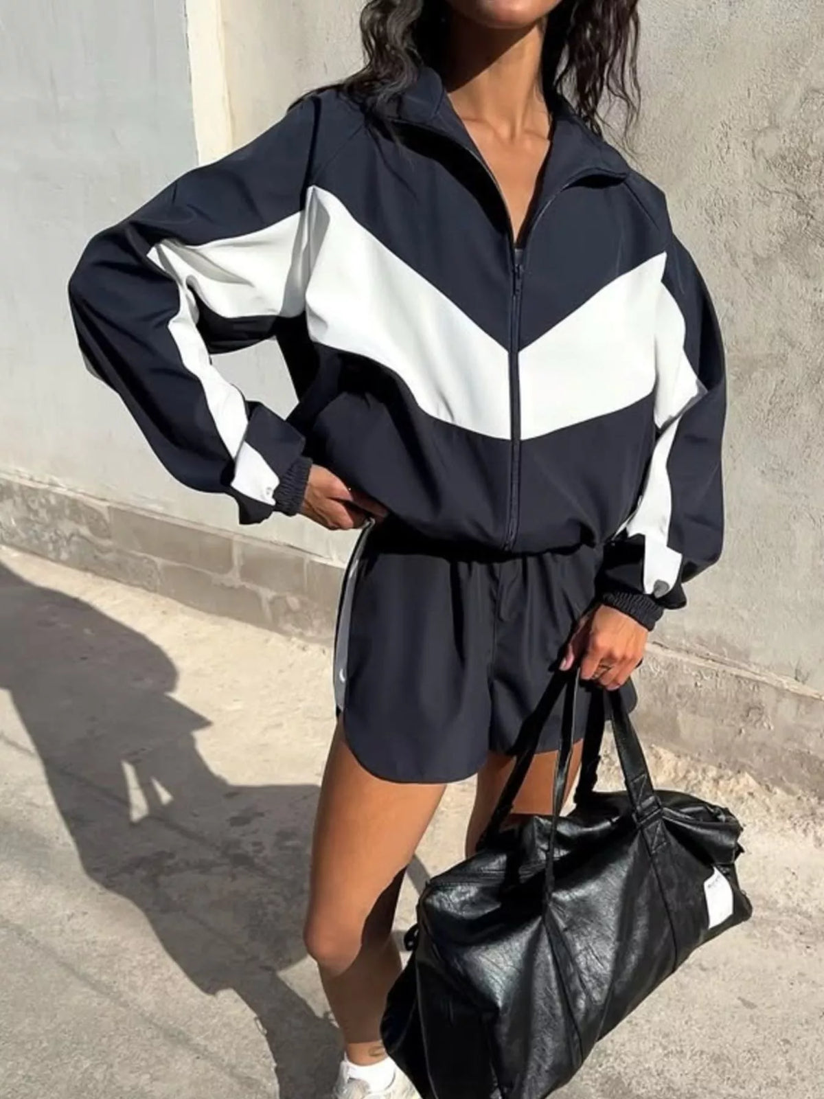 Color-Block Zip-Up Jacket and Shorts Set - Lilixa.store