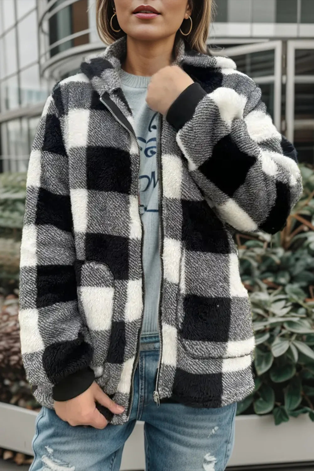 Double Take Full Size Check Fuzzy Sherpa Hooded Zip Up Teddy Winter Coat with Pockets Plus Size - Lilixa.store
