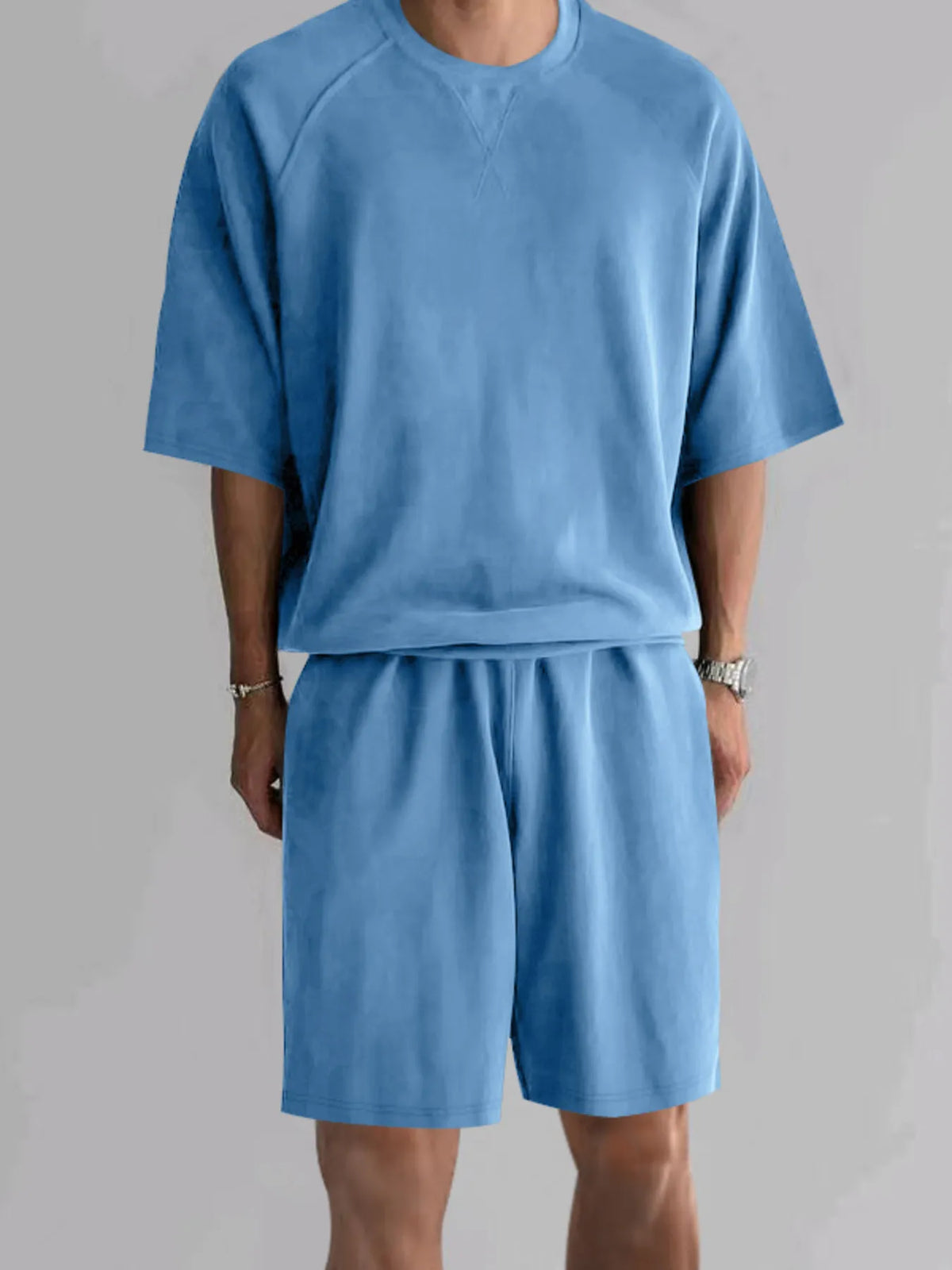 Men's Full Size Round Neck Top and Shorts Set Plus Size in Light Blue