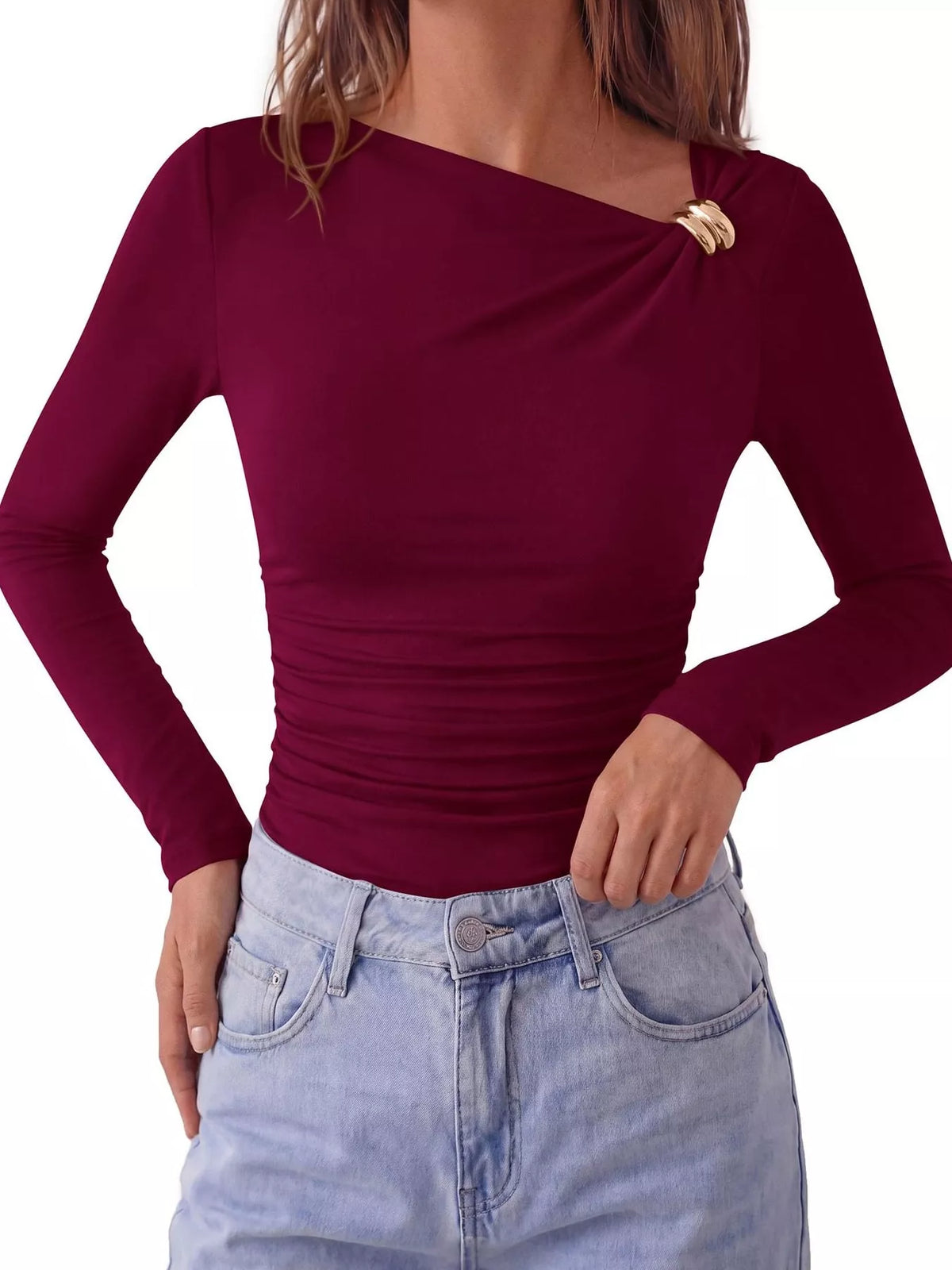 Metal Detail Long Sleeve T-Shirt - Lilixa.store