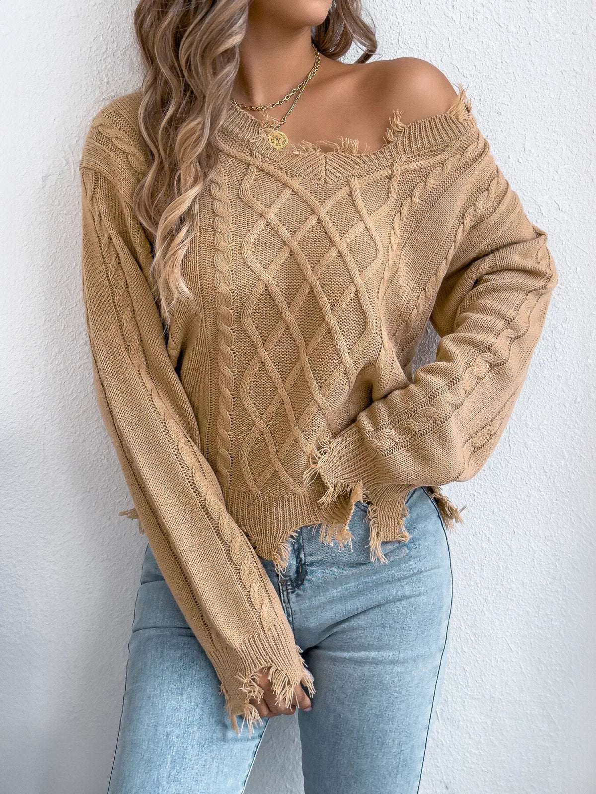 V-Neck Distressed Hem Cable Knit Sweater - Lilixa.store