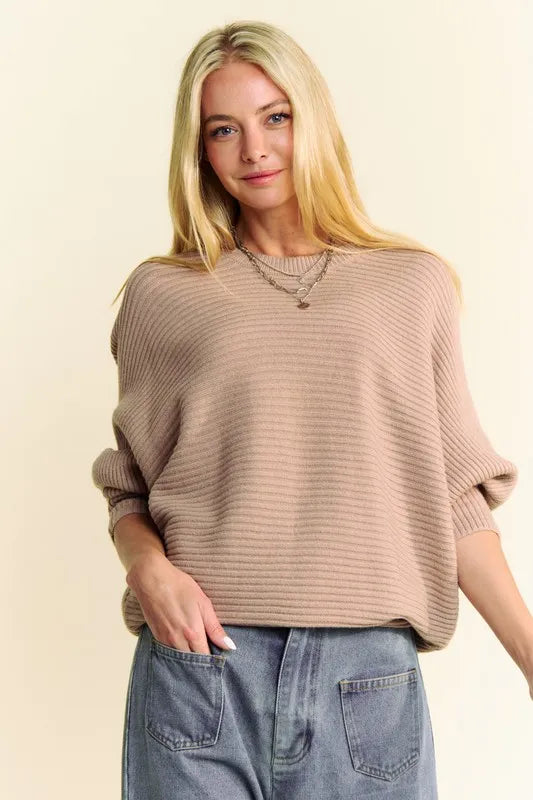 Davi & Dani Round Neck Batwing Sleeve Sweater - Lilixa.store