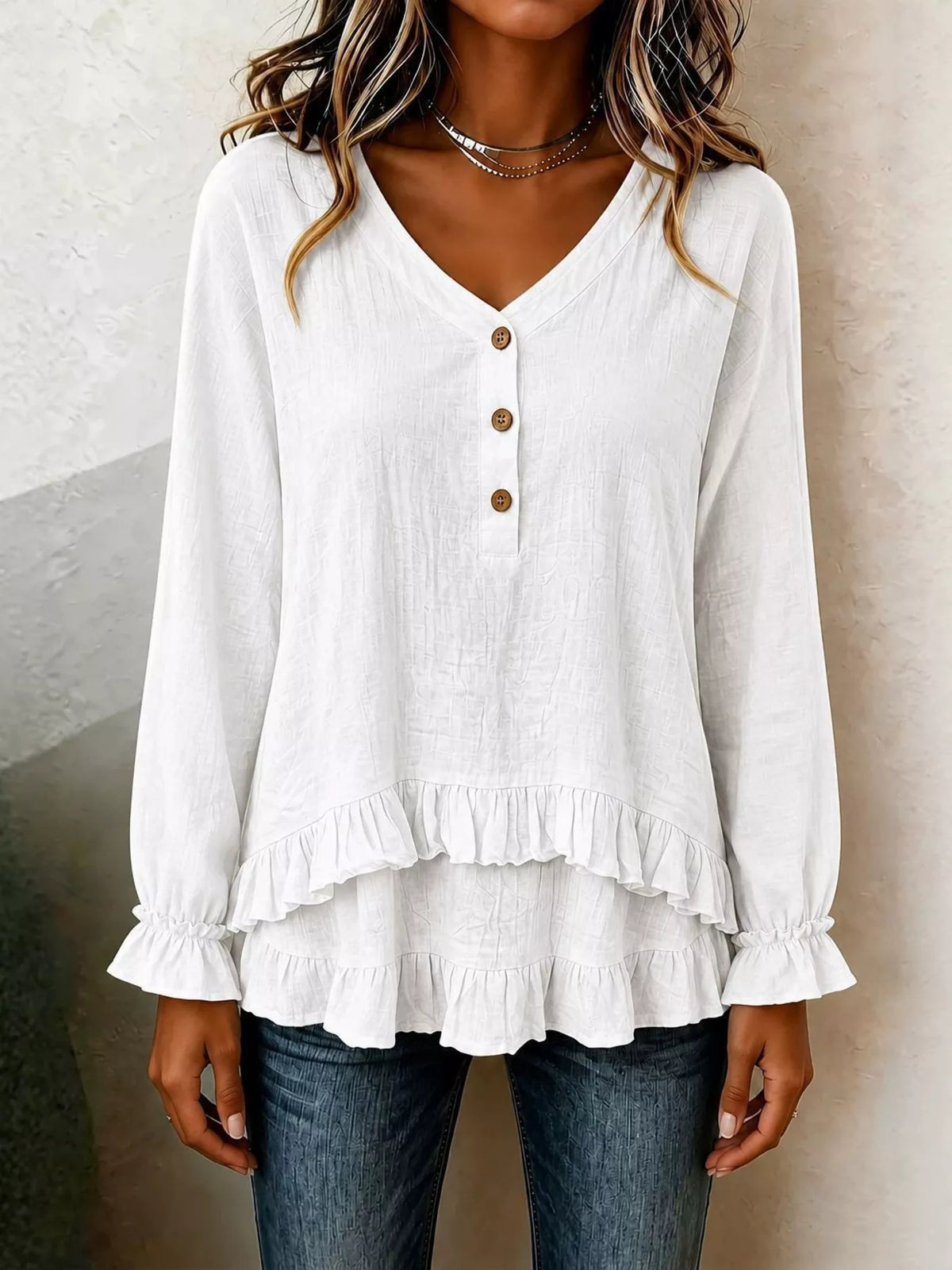 Ruffled Hem Long Sleeve Blouse - Lilixa.store