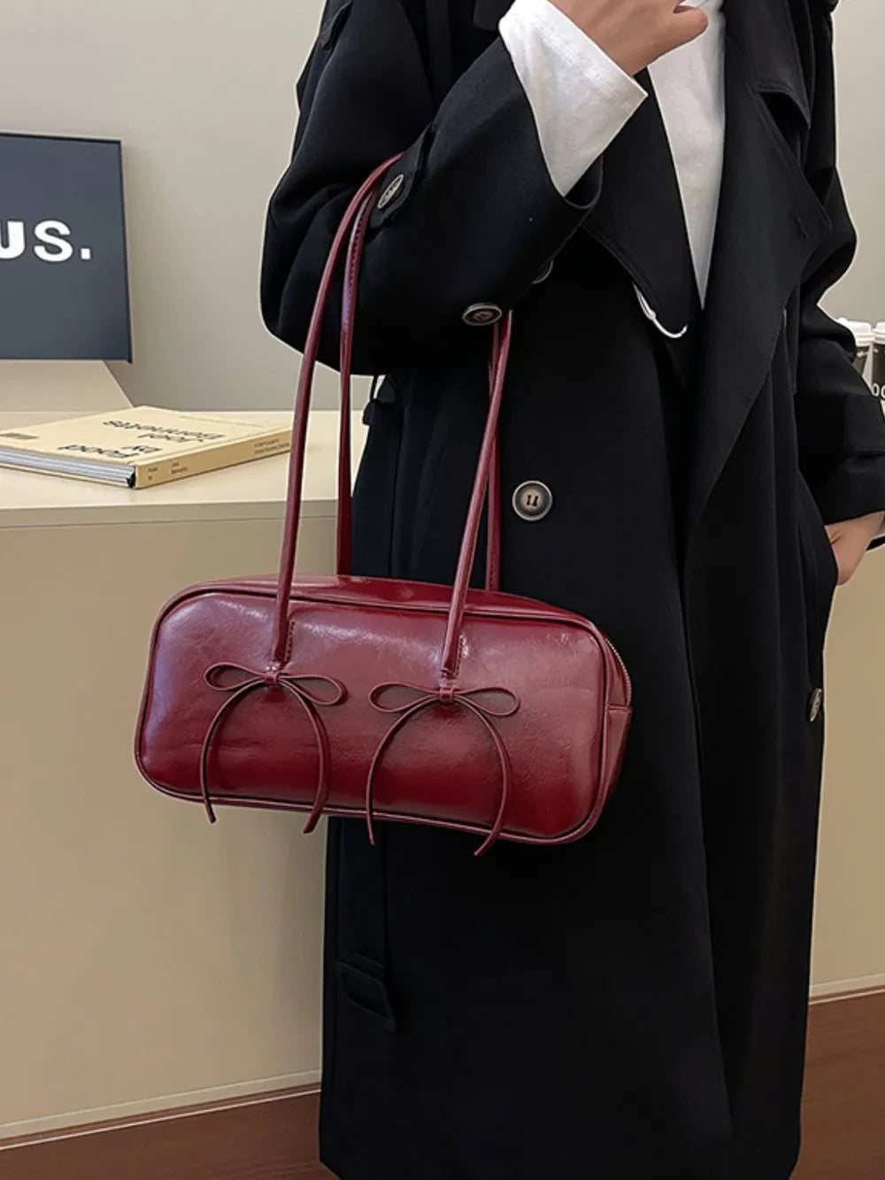 PU Leather Bow Trim Shoulder Bag - Lilixa.store