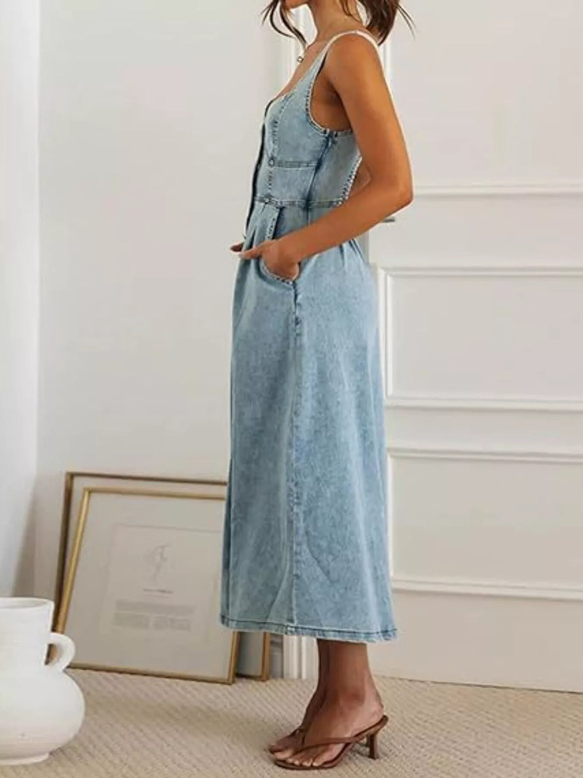 Smocked Back Button Front Denim Midi Dress - Lilixa.store
