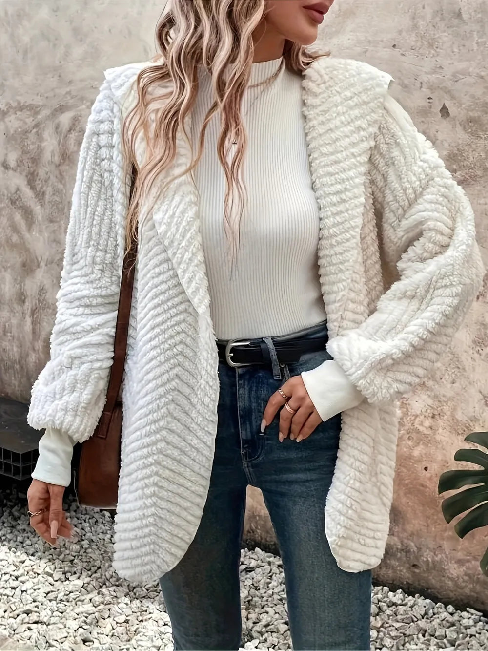Open Front Long Sleeve Hooded Fuzzy Cardigan in Ivory, view 3
