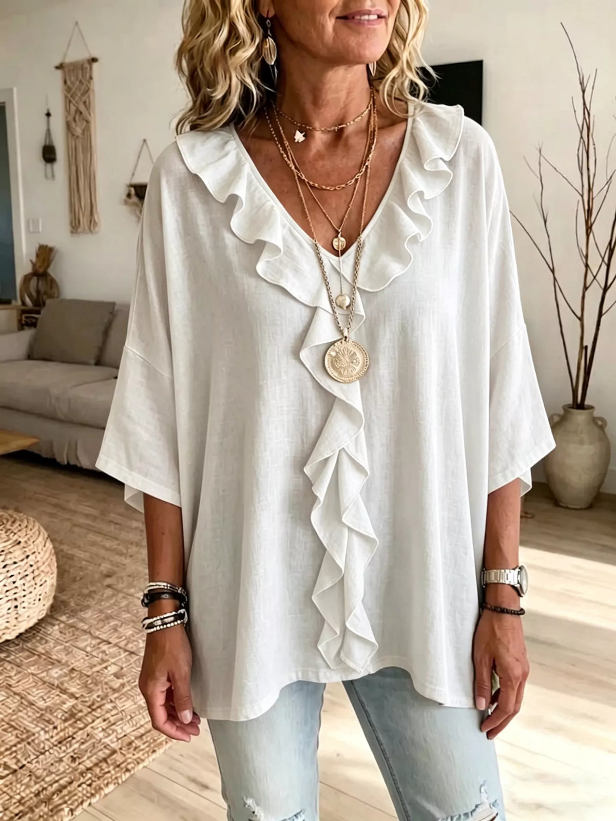 Full Size Ruffled V-Neck 3/4 Sleeve Blouse Plus Size in White