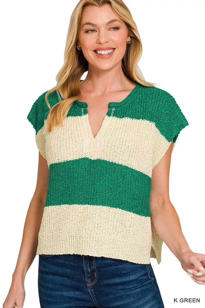 Zenana Split Neck Sleeveless Stripe Sweater