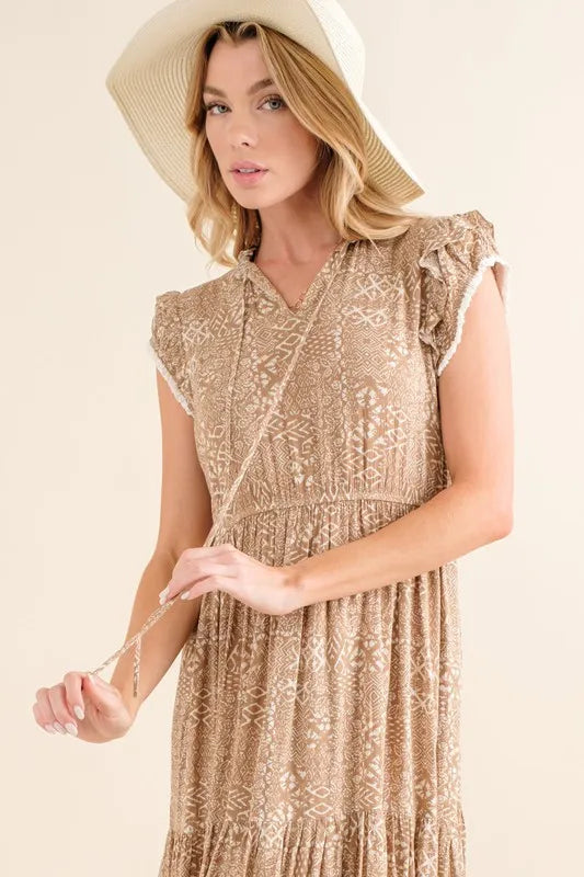 And The Why Boho Printed Tiered Maxi Dress in Taupe, view 6