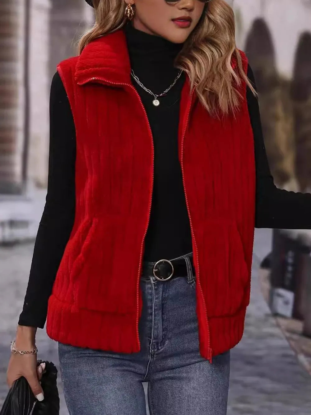 Pocketed Zip Up Vest Coat in Rust, view 3
