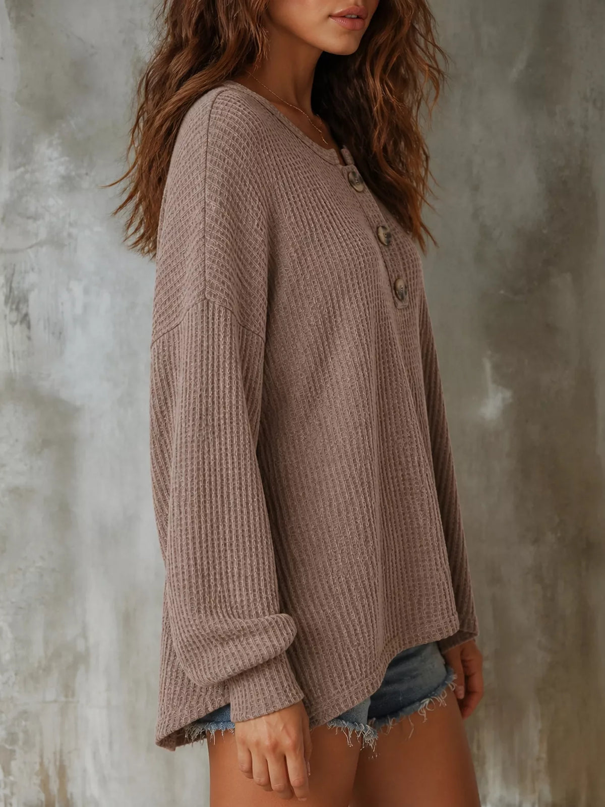Button Detail Dropped Shoulder Knit Top - Lilixa.store