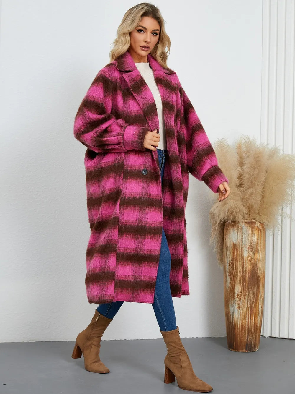 Contrast Double-Breasted Long Sleeve Longline Coat - Lilixa.store