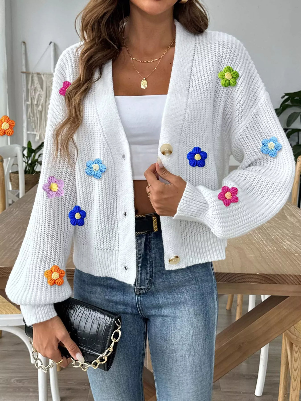 3D Floral Appliques Button Up Cardigan - Lilixa.store